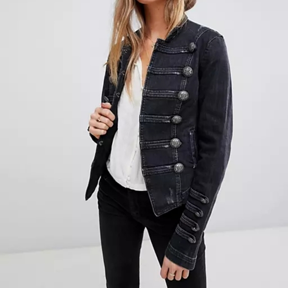 Free People Fitted Washed Black Distressed Military Denim Button Up Jacket